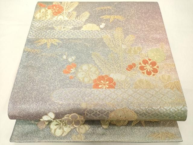 平和屋着物◎両面 六通柄袋帯 エ霞吉祥花文 松竹梅 金銀糸 正絹 逸品
