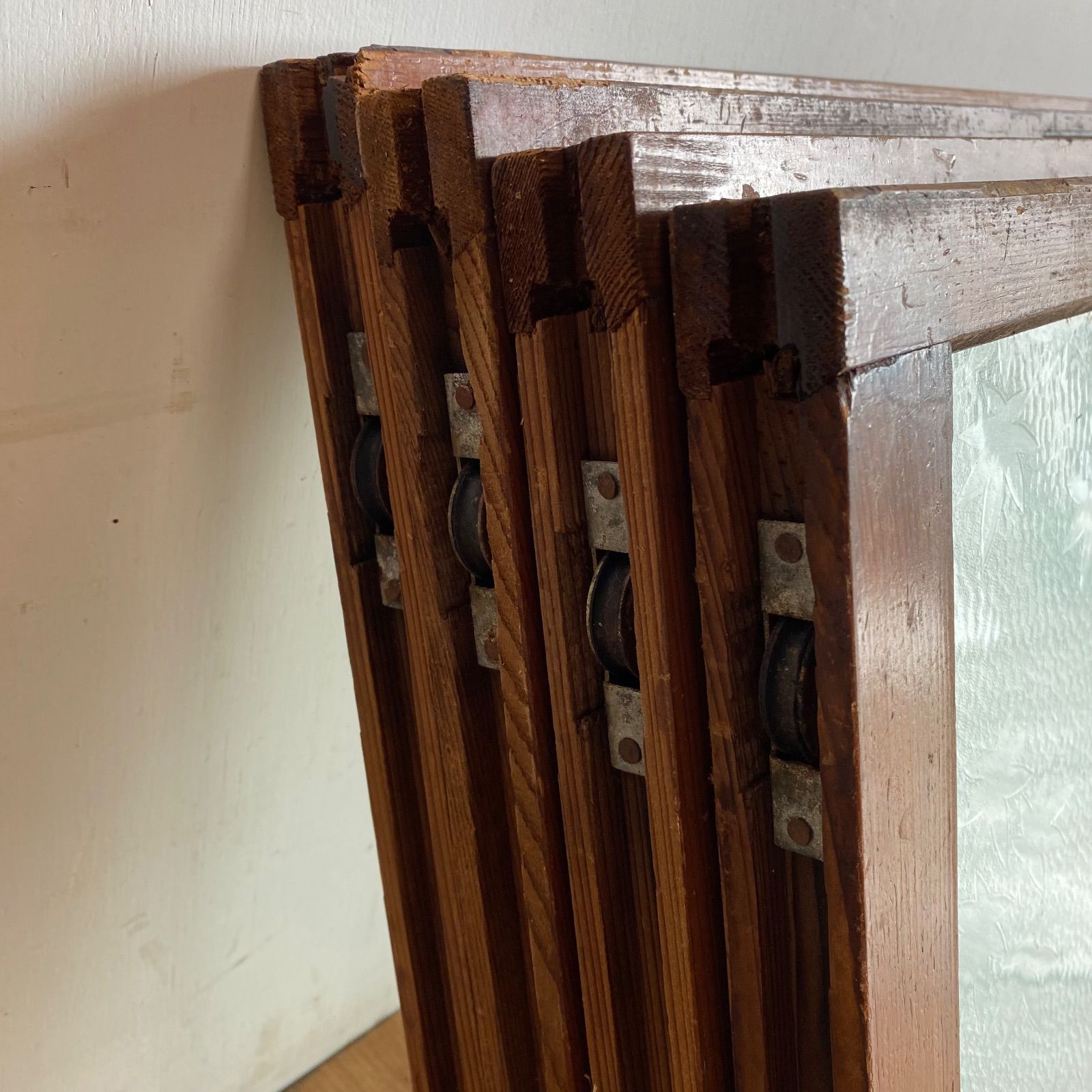 4枚セット アンティーク 木枠 ガラス 建具 モールガラス すりガラス