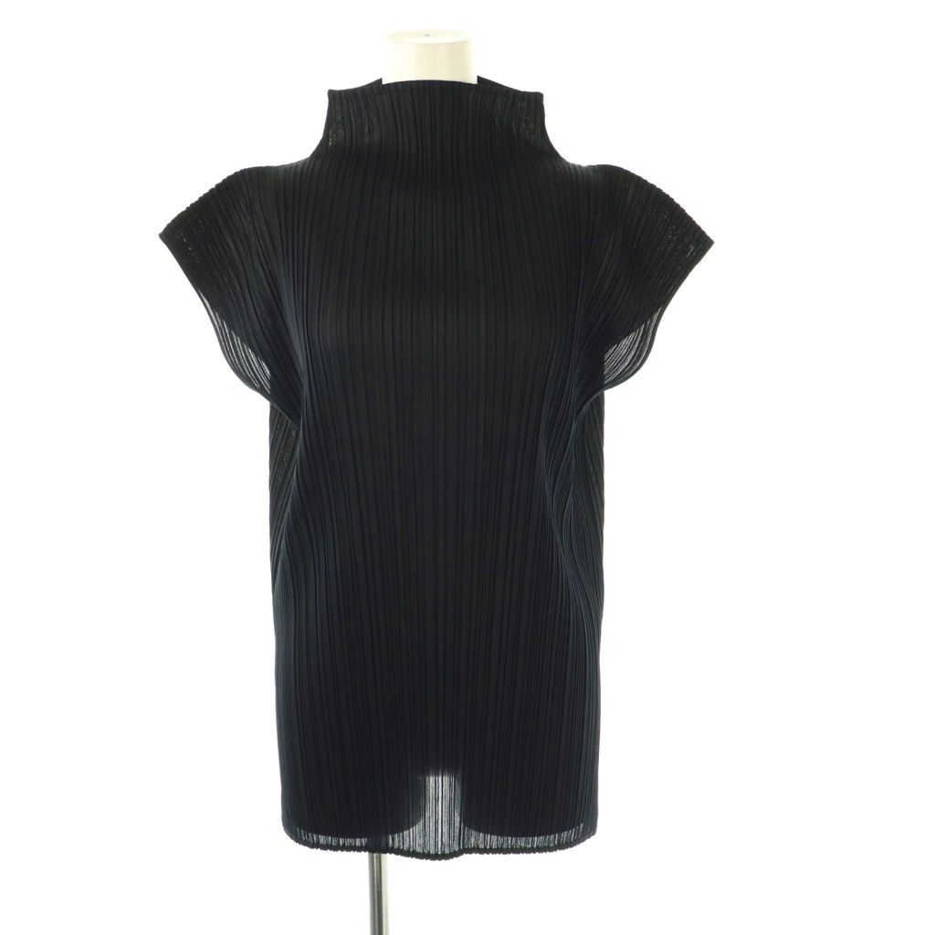 イッセイミヤケ ISSEY MIYAKE プリーツハイネックノースリーブトップス カットソー M ブラック |DO OS