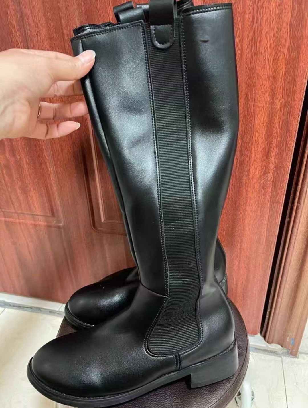 C弾力シンプルで使いやすい 黒ロングブーツロゴ