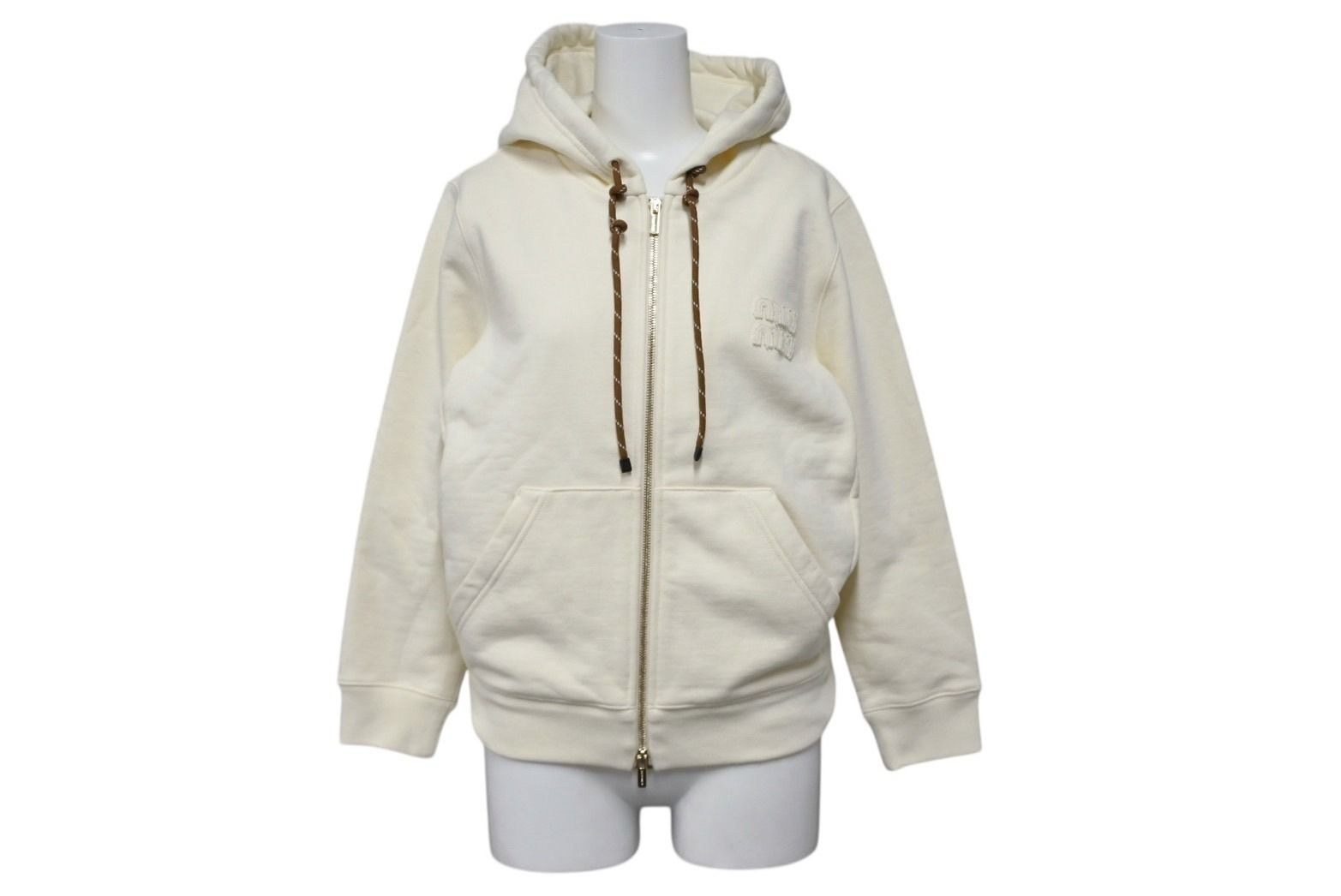MIUMIU ミュウミュウ コットンフリース ジップアップフーディー MJL 024 サイズS アイボリー ロゴパッチ 4 b 010345