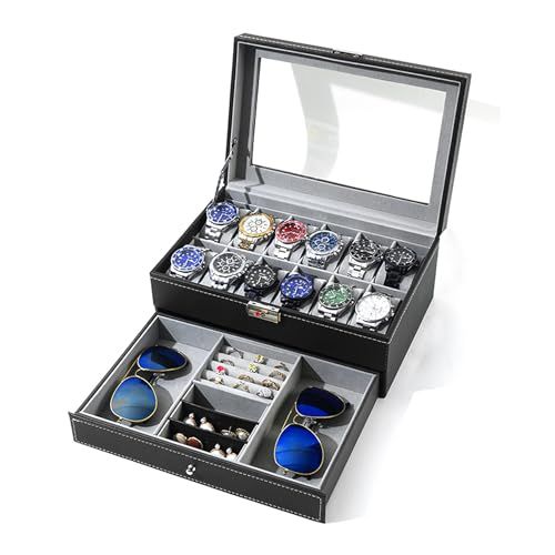 腕時計ケース 時計ケース PU製 12本 2段階 ウオッチボックス ユニセックス 収納ボックス 収納 ディスプレイ アクセサリー プレゼント 小物整理 ブラック ダブルレイヤー 56 a 797 f 0