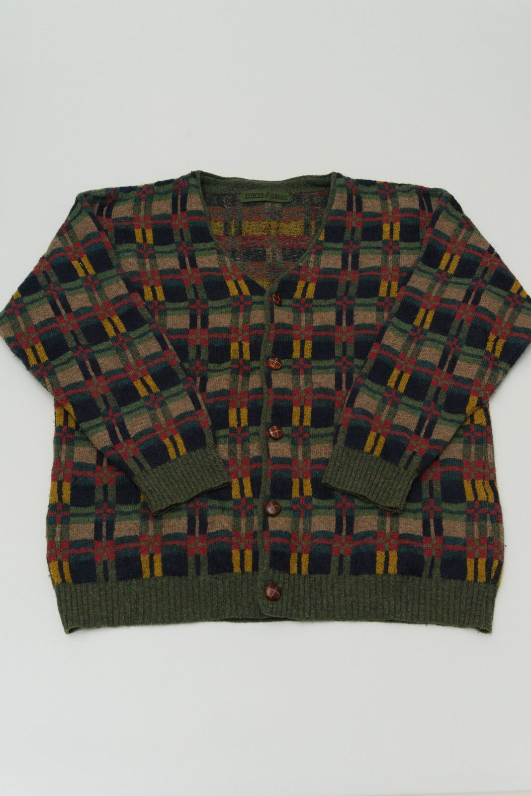 ユーロ 古着 TOWER - GREEN チェック柄 ウールカーディガン ニット パイピング Vネック