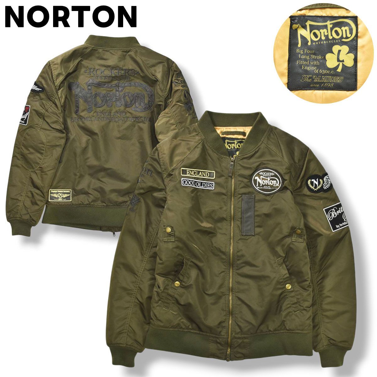 ノートン NORTON MA 1 フライト ジャケット ジップアップ ブルゾン ジャンパー 中綿 フルデコ ワッペン 刺繍 L オリーブ バイカー ストリート モーター スポーツ カジュアル ウェア メンズ