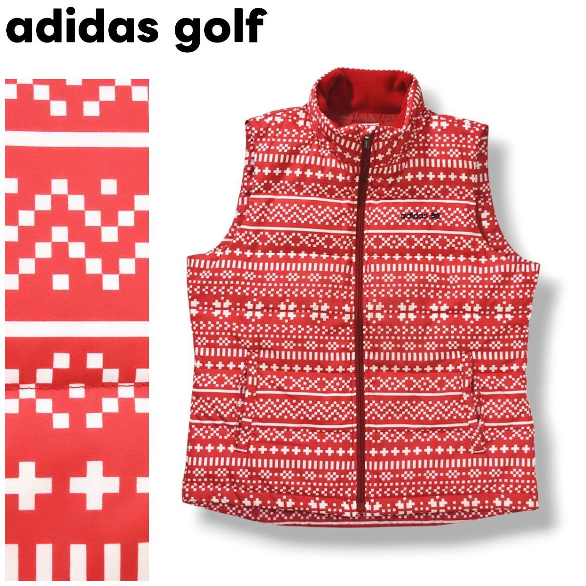 アディダス ゴルフ adidas golf キルティング ダウン ベスト ジップアップ スタンドカラー ジャンパー L ノルディック柄 レッド スポーツ カジュアル ウェア タウンユース レジャー レディース ♪