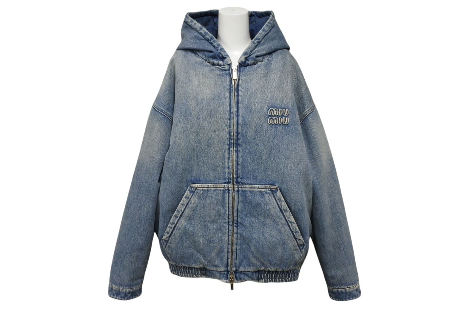 MIUMIU ミュウミュウ ボンバー フーデッドジャケット GWB 190 サイズ38 デニム ブルー ロゴパッチ 4 b 010347