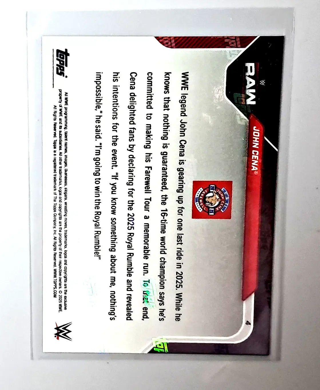 WWE ジョーン シナ 1 TOPPS NOW SUPER PRINTER 引退ツアー 記念