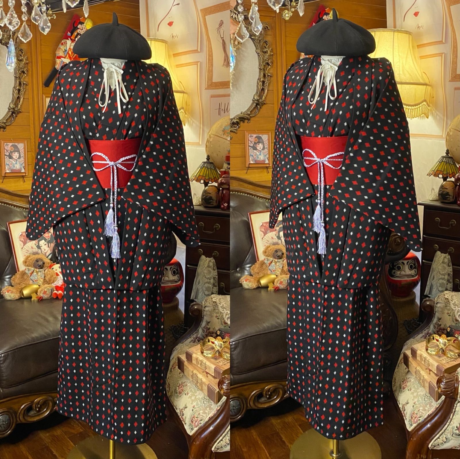 和洋折衷 ロング ワンピース 着物アンサンブル 帯サッシュベルト付き ハンドメイド レトロ 古着 黒 赤白菱形柄 aKW-125