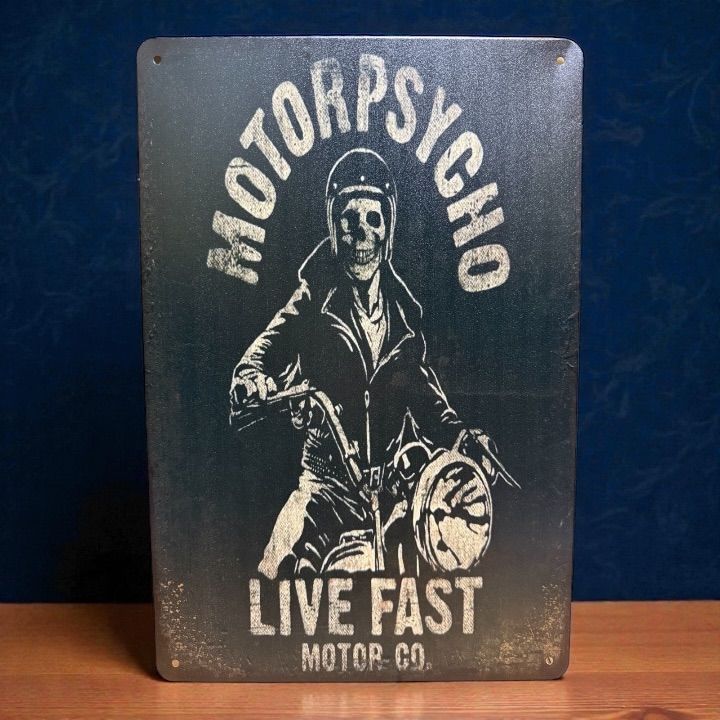 60s' 〜80s ビンテージ　転写紙古着バイカー スカルクロス MOTORPSYCHO ブリキ看板 20×30cm｜スカルバイカー LIVE FAST