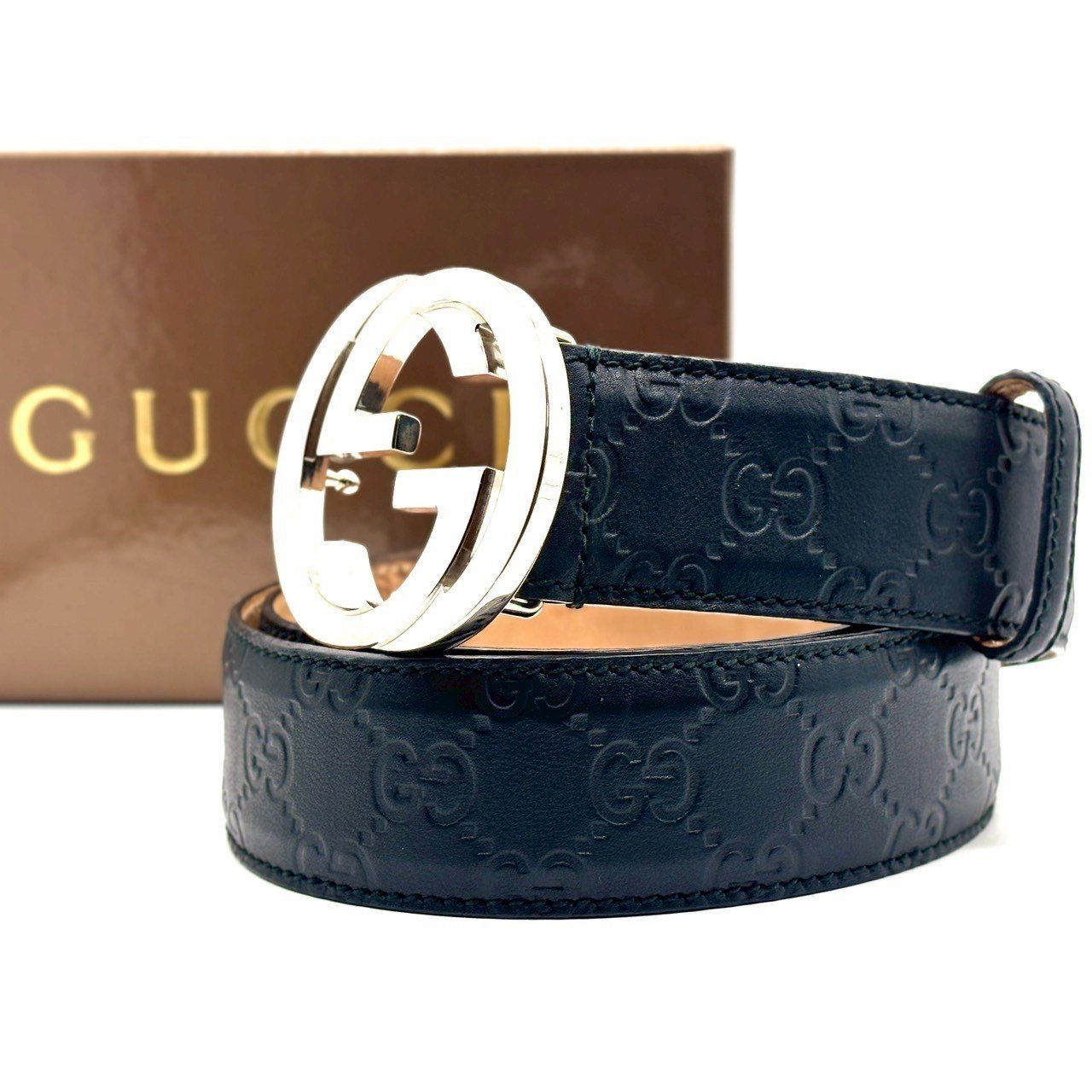 【美品 高級】グッチ ベルト インターロッキング GG シマ 本革 正規品 GUCCI（グッチ） 並行輸入 ベルト インターロッキングG 598092 DT90X