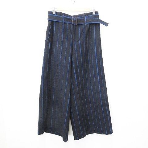 イッセイミヤケ ISSEY MIYAKE パンツ ワイドパンツ ロング ストライプ ベルト 総裏 脇ゴム 黒 青 ブラック ブルー 2