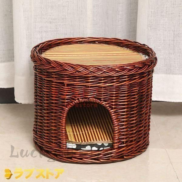 柳編みハウス 二層?犬?猫カゴ ペットベッド?ラタン?ペット用?天然素材