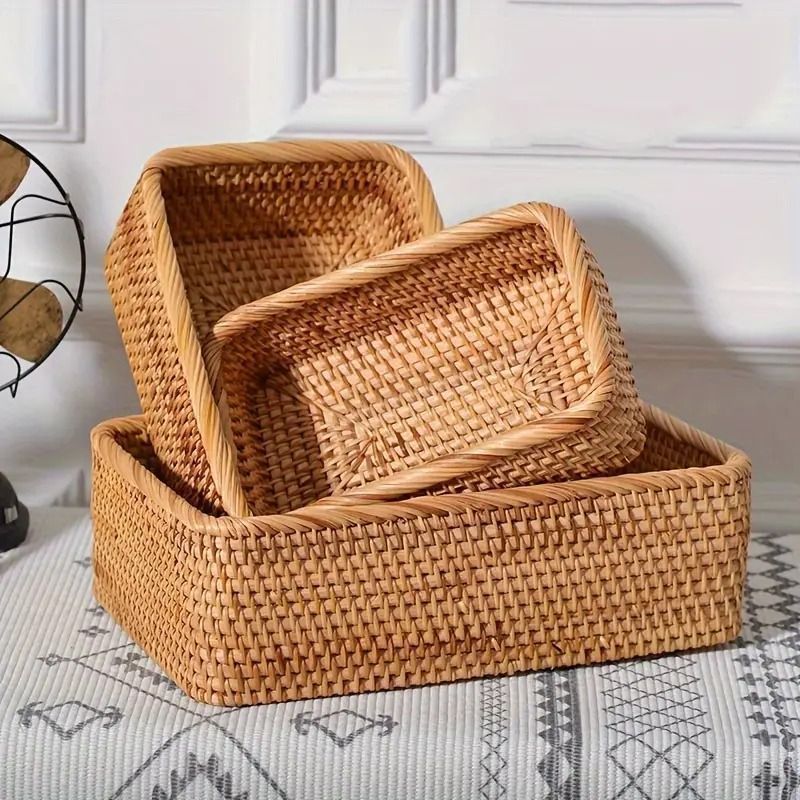 籐バスケット 3点セット かごセット おしゃれ 北欧風 収納箱 編み込み