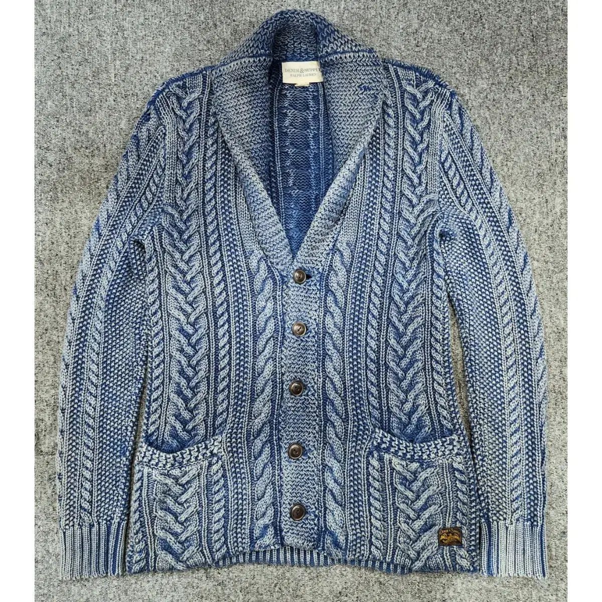 ラルフローレン デニムサプライ Indigo ウォッシュド ショールカラー ケーブル編み ヴィンテージ ニット カーディガン S