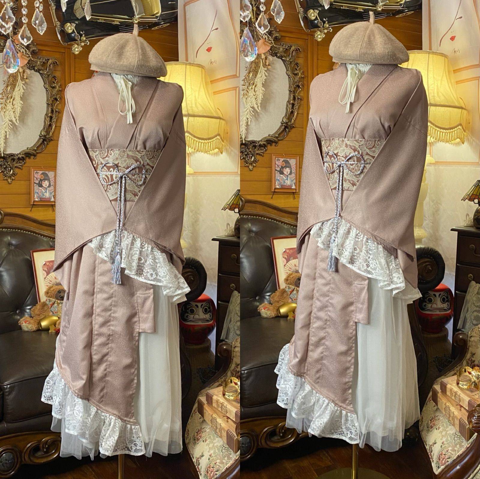 単衣着物 2 way アシンメトリー ガウン 羽織り ドレス ワンピース ハンドメイド 和洋折衷 洗える 化繊 リメイク 名古屋帯サッシュベルト レトロ 古着 ダスティピンク×レース KD-84