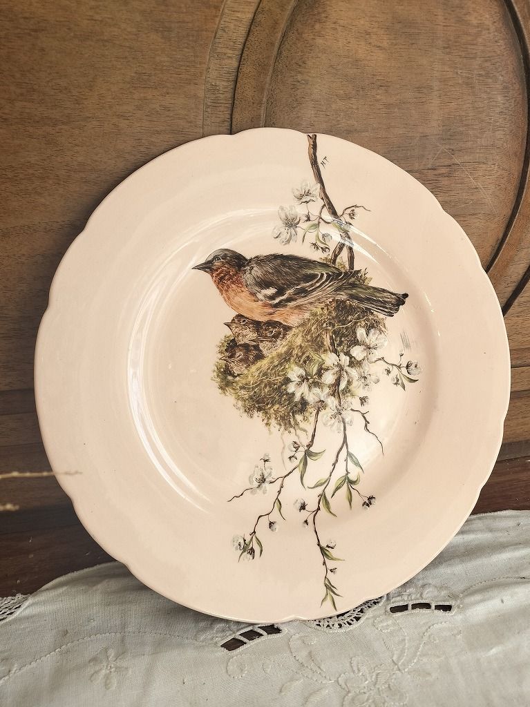 フランス アンティーク 手書き 鳥 Longwy 陶器 1900年 絵 皿 美品