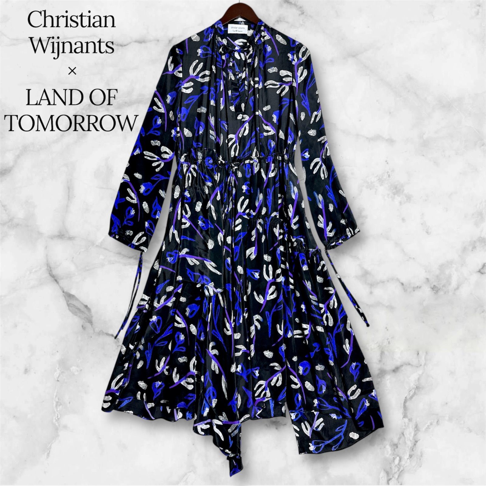 Christian Wijnants LAND OF 別注 ドレス ワンピース レーヨンシルク フローラルプリント アシンメトリー アシメ ロングワンピース 34 ブラック ブルー 花柄 ドロスト リボン クリスチャンワイナンツ 2025 SS