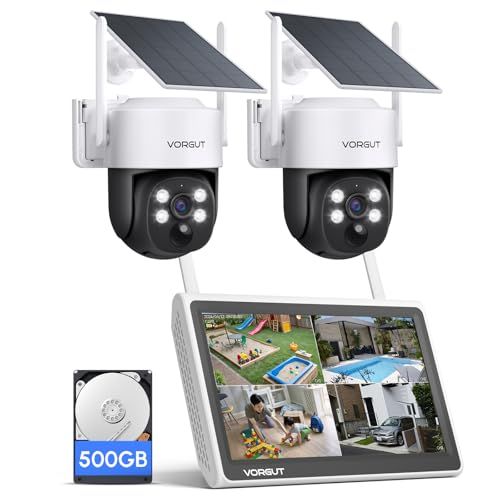 防犯カメラ 屋外 モニター付き 2.4 Ghz 5 Ghz対応 400万画素 ソーラー 2台セット 監視カメラ 電源不要 遠隔監視 屋外防犯対策 400万画素カメラ2台 10インチ モニター 500 G HDD内蔵