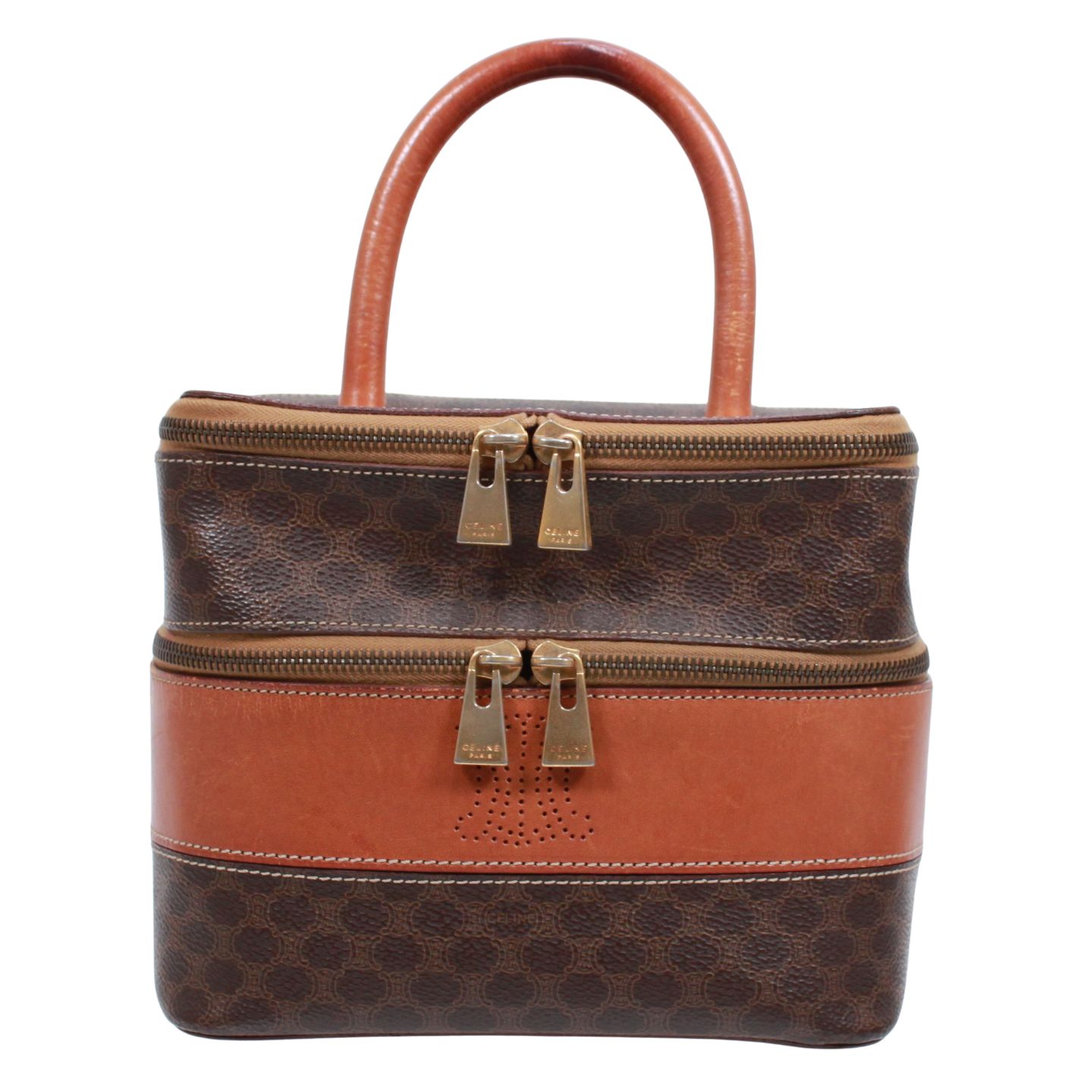CELINE マカダム バニティ PVC ブラウン ハンドバッグ ゴールド M95