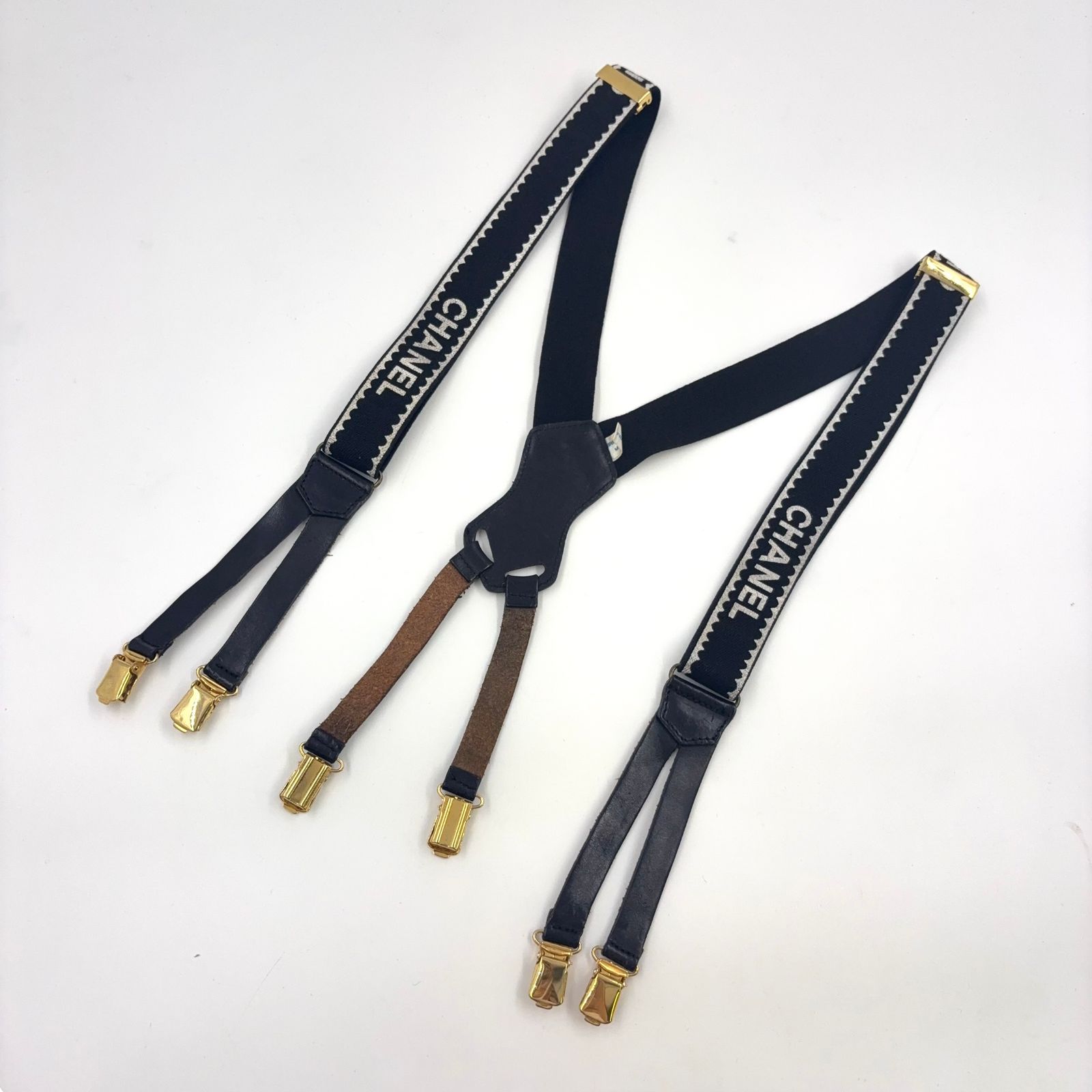 CHANEL ココマーク ロゴ レザー×ゴム ブラック サスペンダー ゴールド