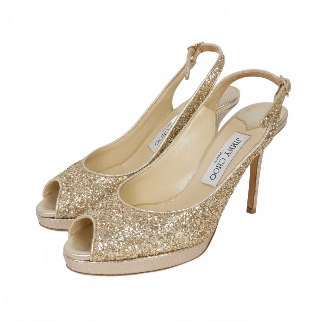 ジミーチュウ JIMMY CHOO オープントゥ グリッター ヒール サンダル ラメ 37 5 ゴールド
