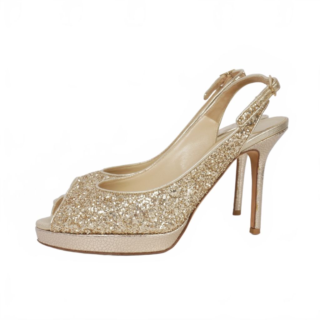 ジミーチュウ JIMMY CHOO オープントゥ グリッター ヒール サンダル ラメ 37.5 ゴールド