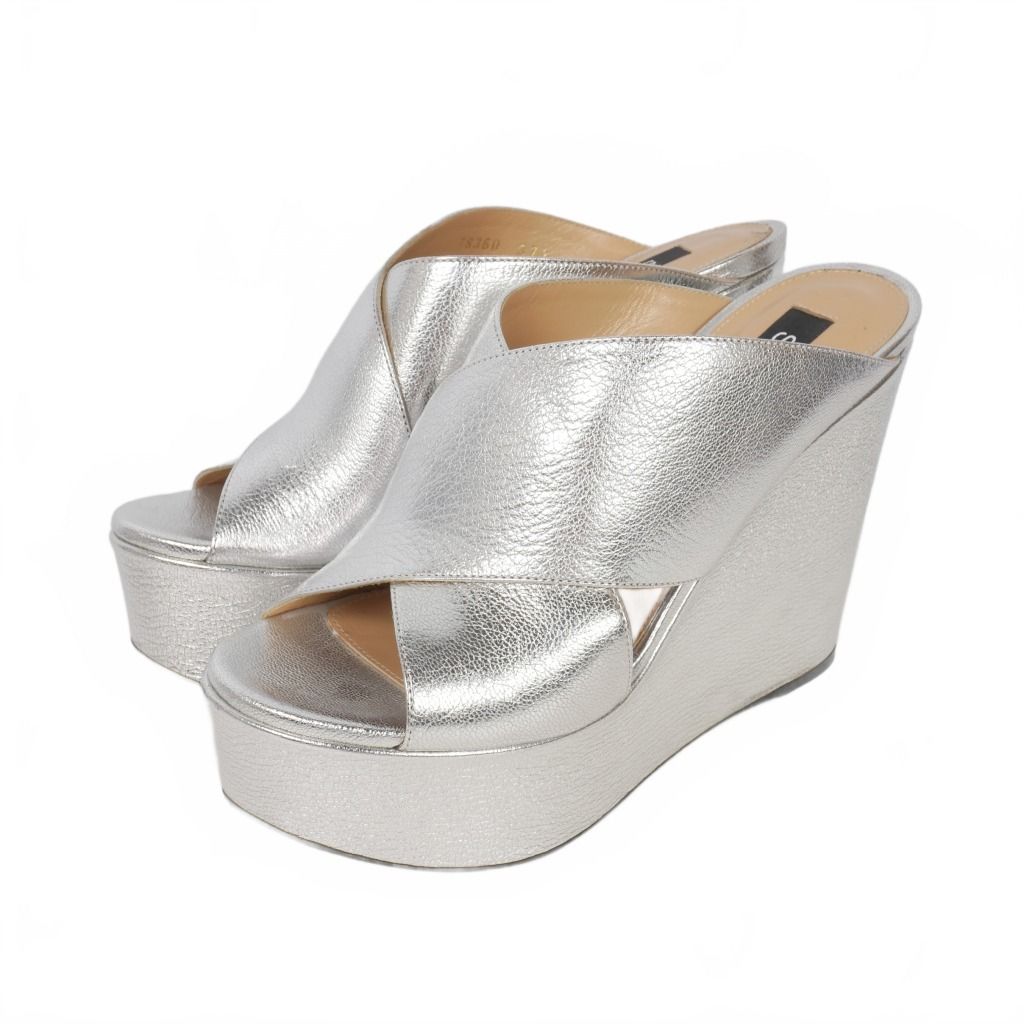 【中古】セルジオロッシ Sergio rossi クロスストラップ ウェッジ サンダル 37.5 シルバー レディース セルジオロッシ Sergio rossi クロスストラップ ウェッジ サンダル