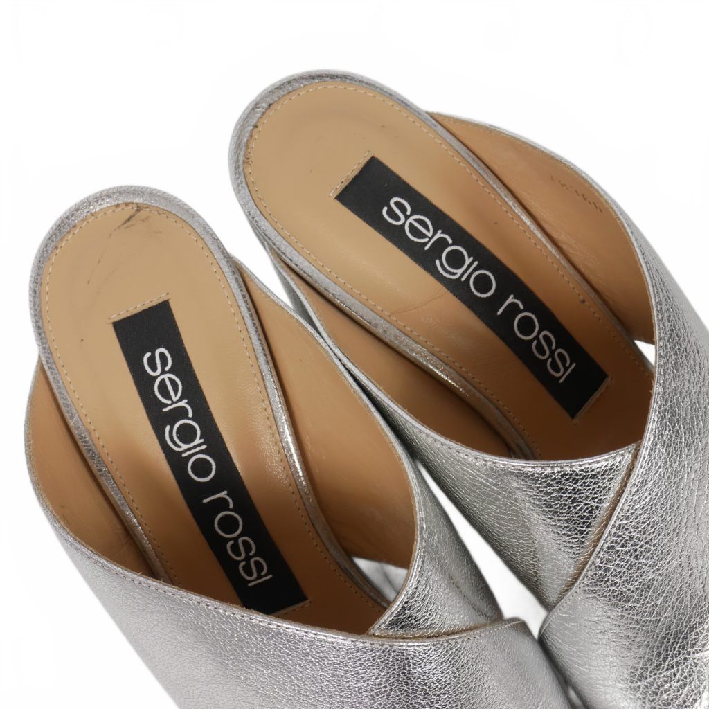  セルジオロッシ Sergio rossi クロスストラップ ウェッジ サンダル 37.5 シルバー サンダル サンダル ミュール