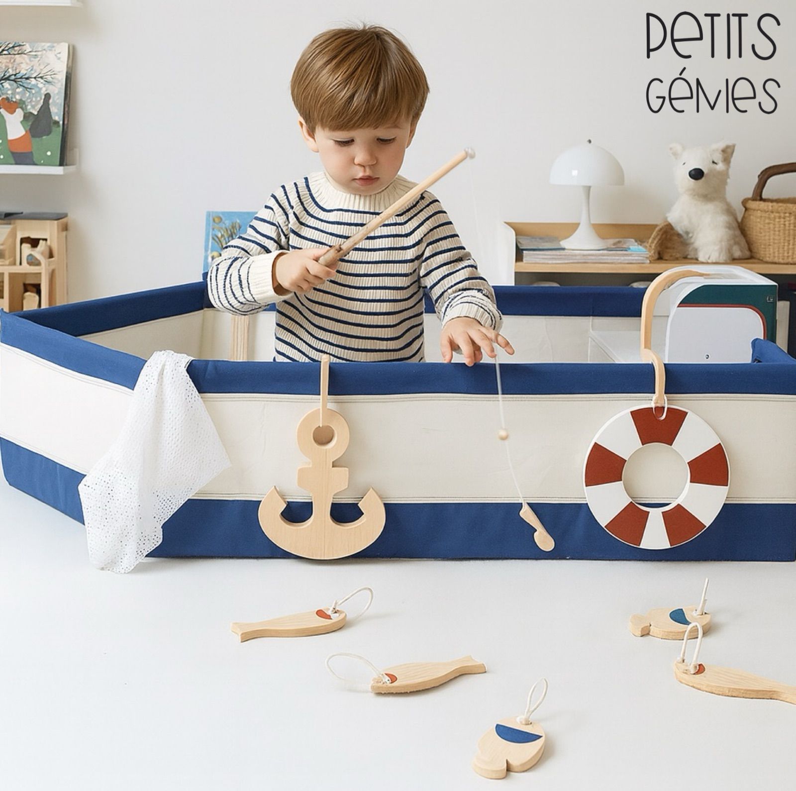 PETITS GÉNIES 木製 フィッシングボート おもちゃ 釣り遊び ごっこ遊び 知育寄り 知育玩具 ナチュラル 北欧風 ボールプール訴求 ボールプール対応 ギフト向け 釣りごっこ プレゼント
