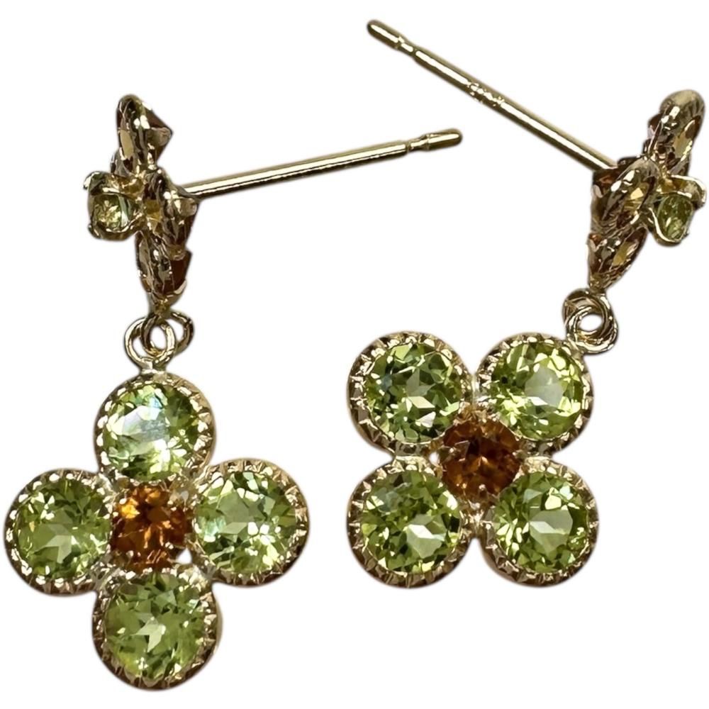 フラワーモチーフ シトリン ペリドット ピアス K18ゴールド 18金 1.0g
