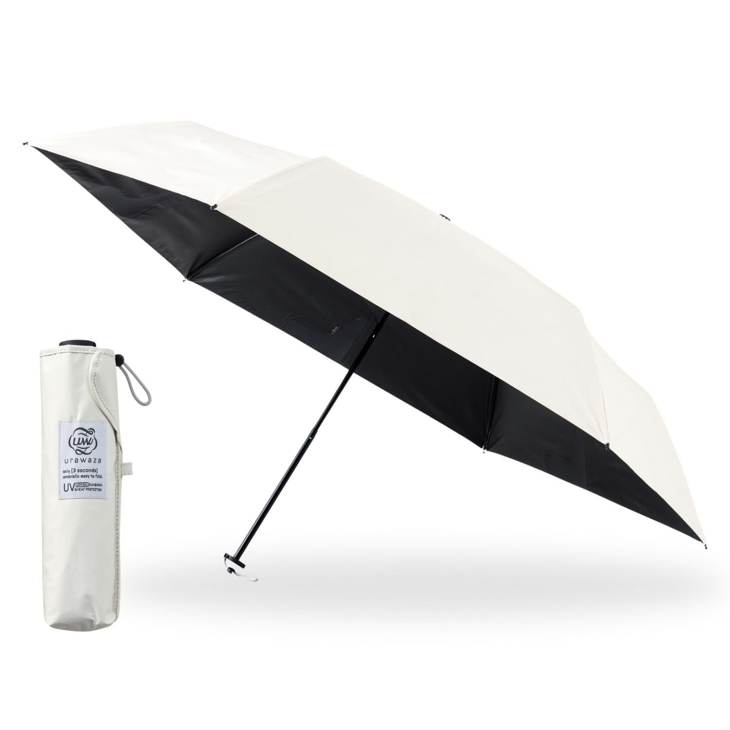 ムーンバット 3秒でたためる傘 urawaza 日傘 遮熱 遮光100 UVカット 晴雨兼用 手開き 形状記憶 畳みやすい 折りたたみ傘 簡単開閉 ウラワザ 無地 親骨55 cm 30244 オフホワイト