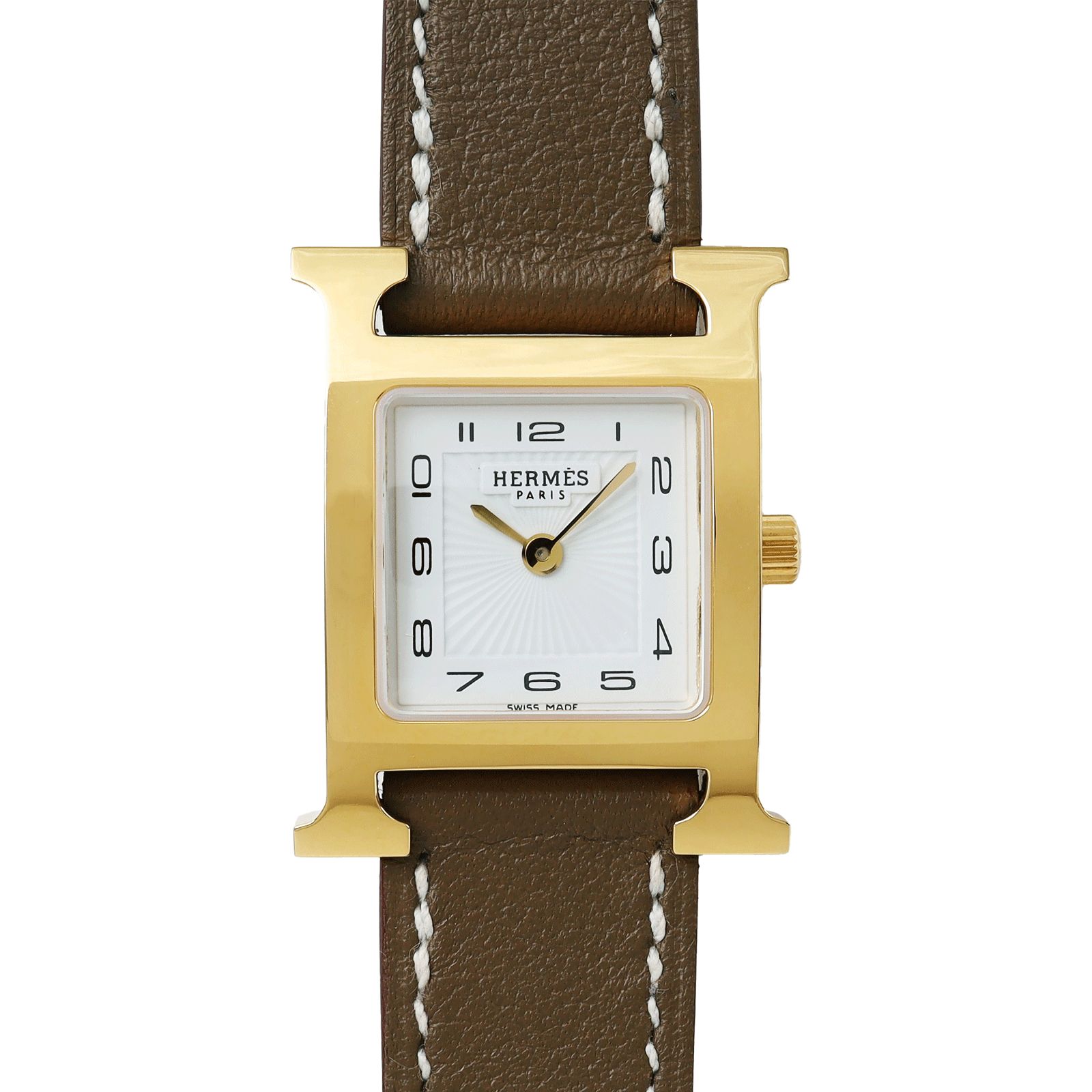 HERMES エルメス Hウォッチ HH1.201 白文字盤 SS GP 革ベルト