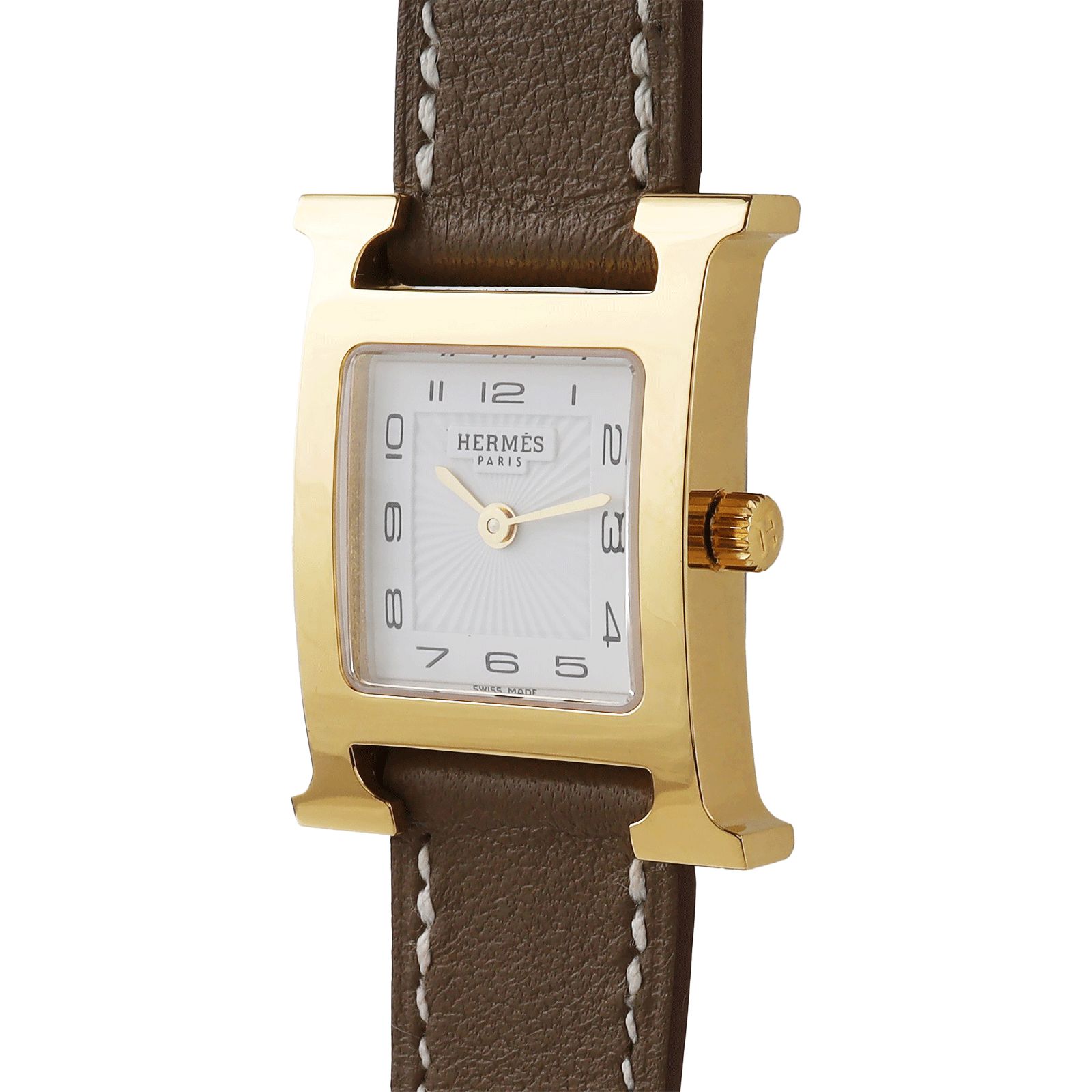HERMES エルメス Hウォッチ HH 1.201 白文字盤 SS GP 革ベルト エトゥープ×ゴールド D刻印 クオーツ 腕時計