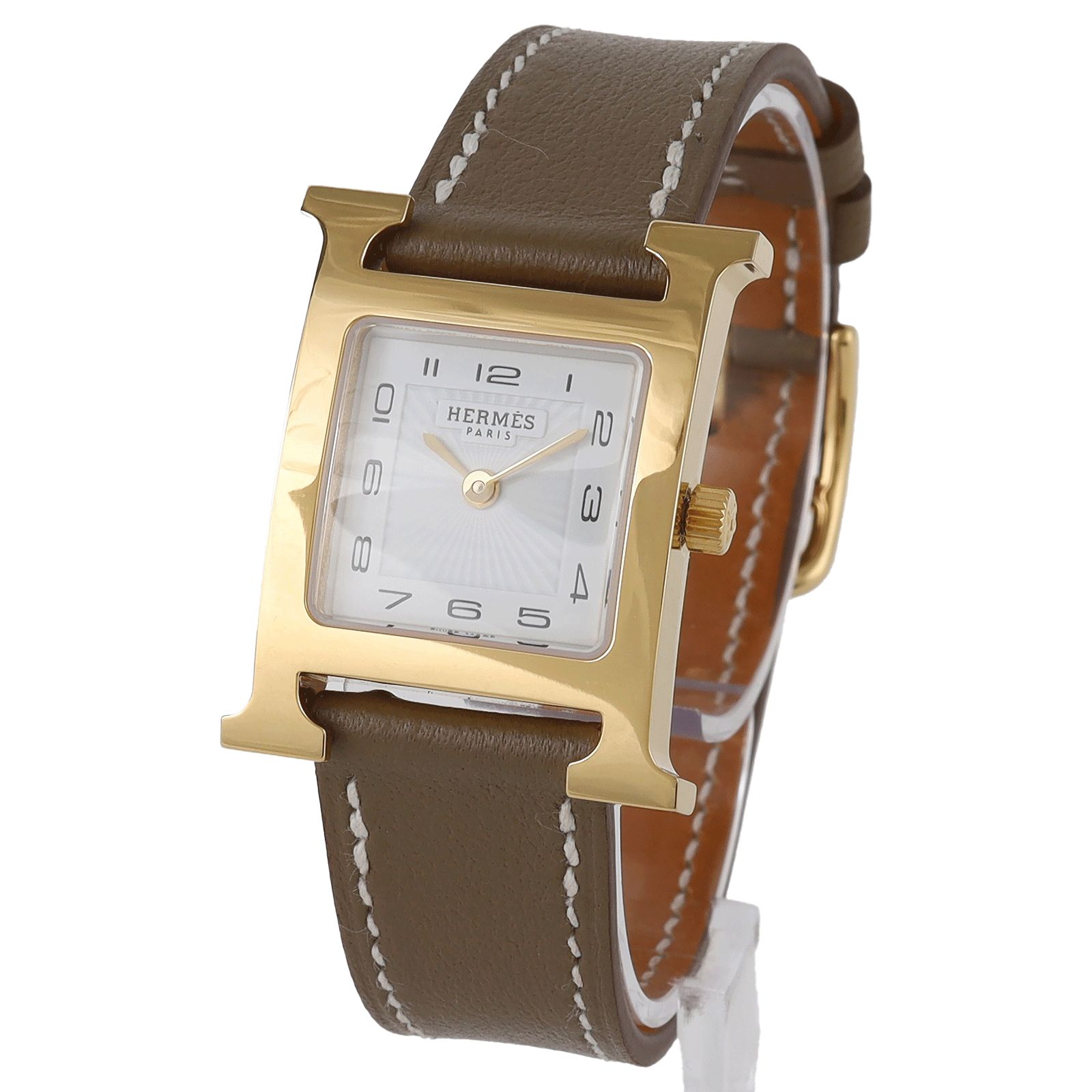 HERMES エルメス Hウォッチ HH1.201 白文字盤 SS GP 革ベルト