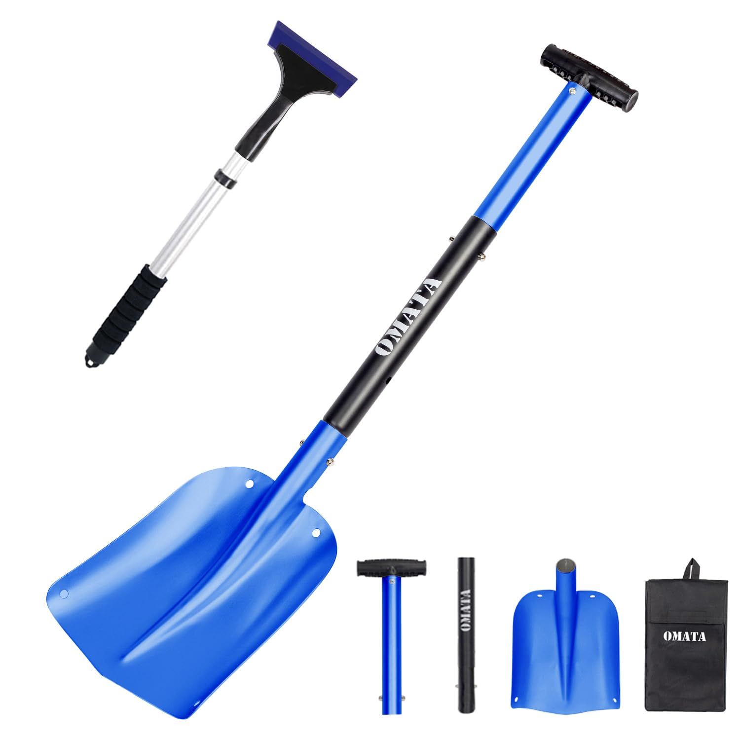OMATA 雪かきスコップ 除雪スコップ 伸縮式雪かきスコップ スノースコップ 車載スコップ アルミ合金 携帯スコップ 長さ調節可能 スノーダンプ 軽量 組み立てが簡単 雪かき キャンプ 園芸 アウトドア 収納バッグ付き スノースクレーパー付き