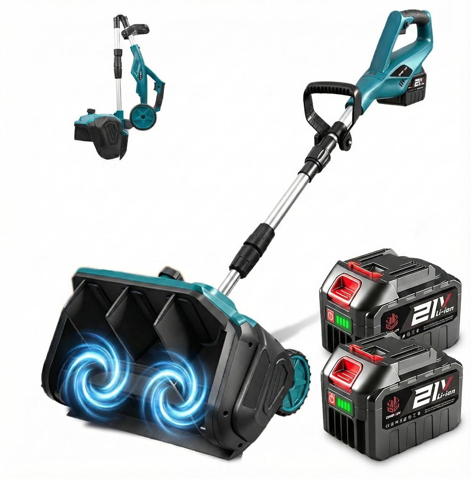 電動除雪機折りたたみ式-バッテリー残量表示折りたたみスノーショベル 除雪機 雪かき 電動 スコップ 充電式 コードレス ブラシレスモーター 20 V 1000 W 除雪幅12インチ 投雪距離4 6 m 数字表示 3方向除雪調整 補助輪付き 軽量 静音 家