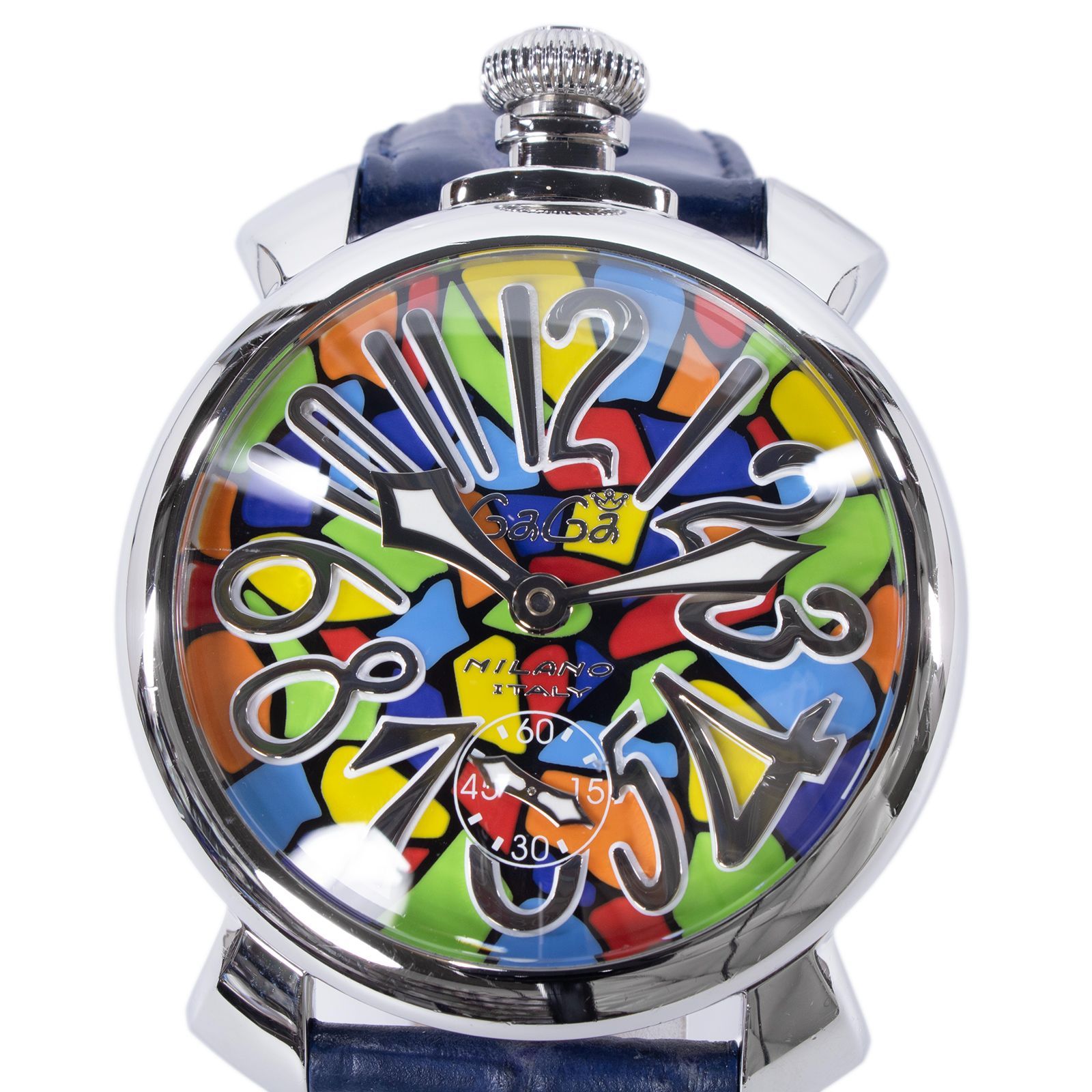 ガガミラノ 腕時計 手巻き メンズ レディース マヌアーレ48 mm モザイク 5010.MOSAICO.1 S 赤 青 水色 黄緑色 オレンジ 裏スケルトン 派手 目立つ ロゴ 革ベルト スモセコ カラフル ブランド おしゃれ X 439