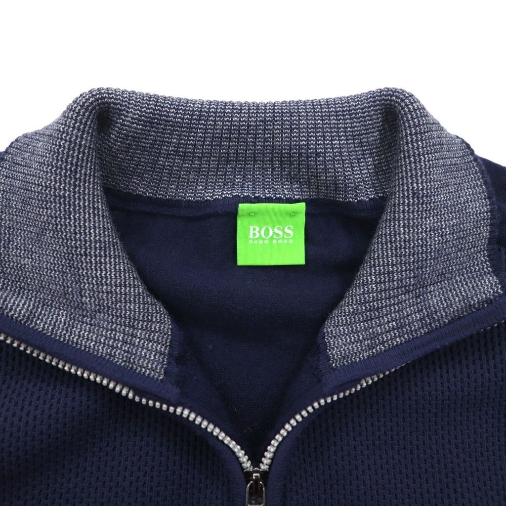 美品 2XL ヒューゴボス ニット ジップアップジャケット 羊革使用 羊毛 紺色 美品 2XL ヒューゴボス ニット ジップアップジャケット 羊革使用 羊毛 紺色