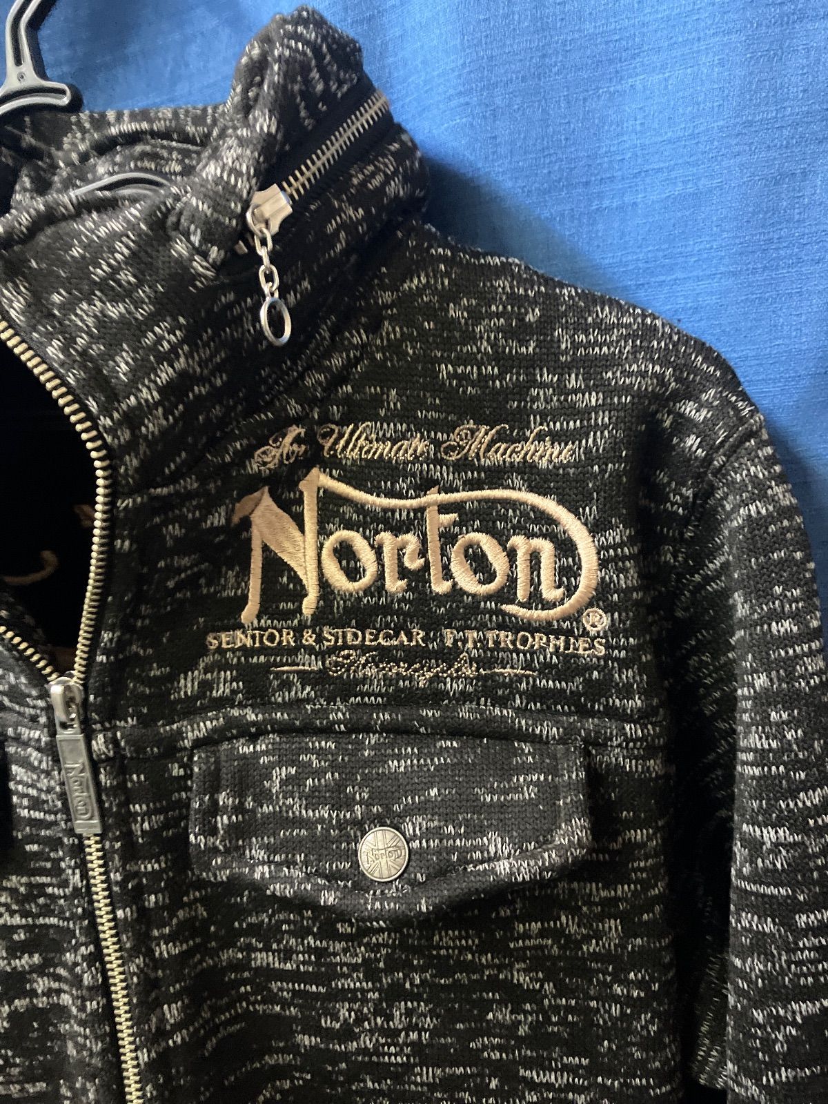 必見】Norton ニットブルゾン 刺繍ロゴ Mサイズ グレー ジップアップ