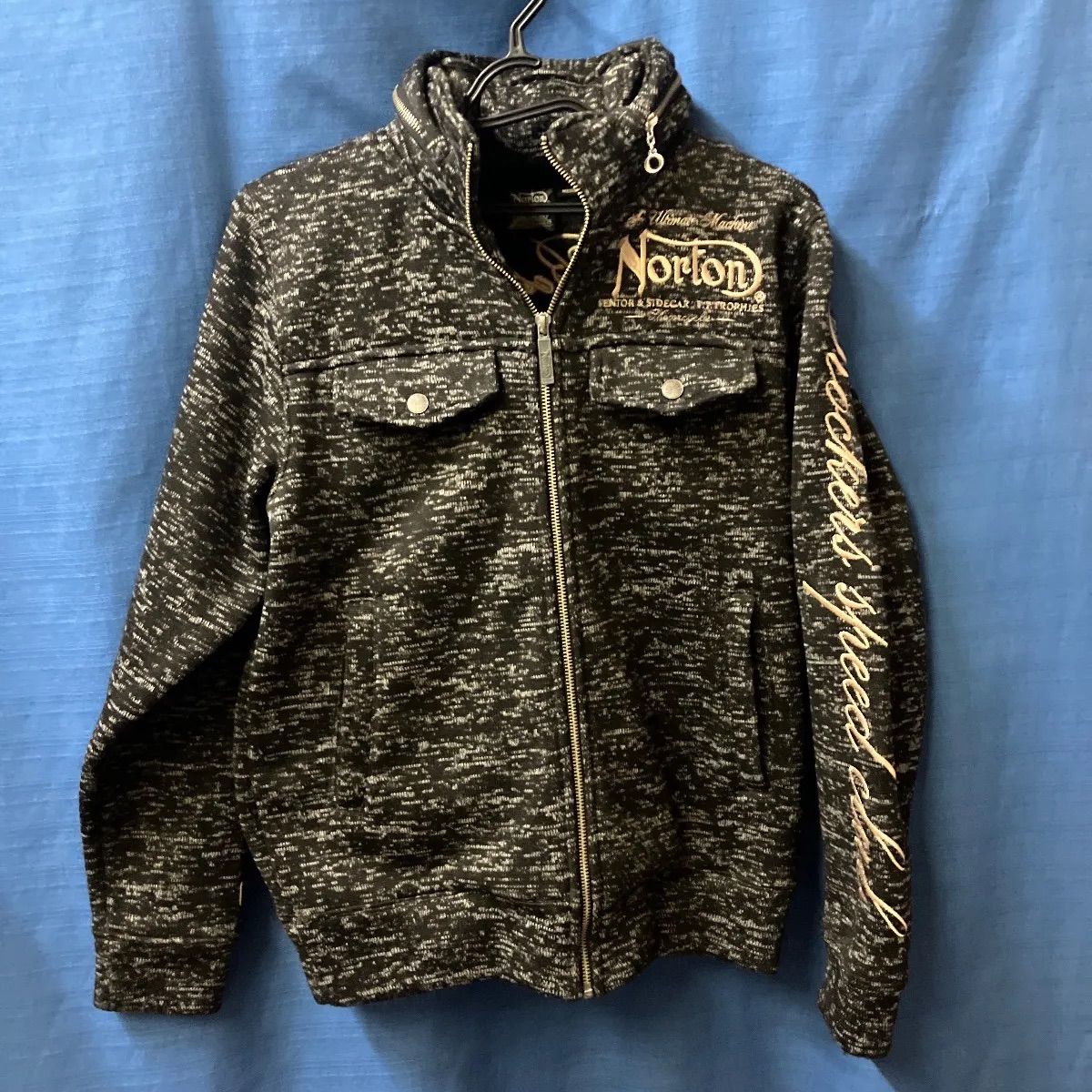 Norton グレー ブルゾン 必見】Norton ニットブルゾン 刺繍ロゴ Mサイズ グレー ジップアップ