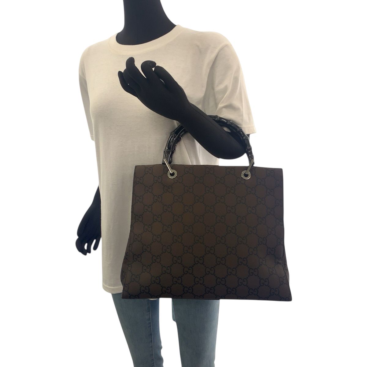美品 GUCCI グッチ バンブー ブラウン ブラック シルバー金具 ナイロン 