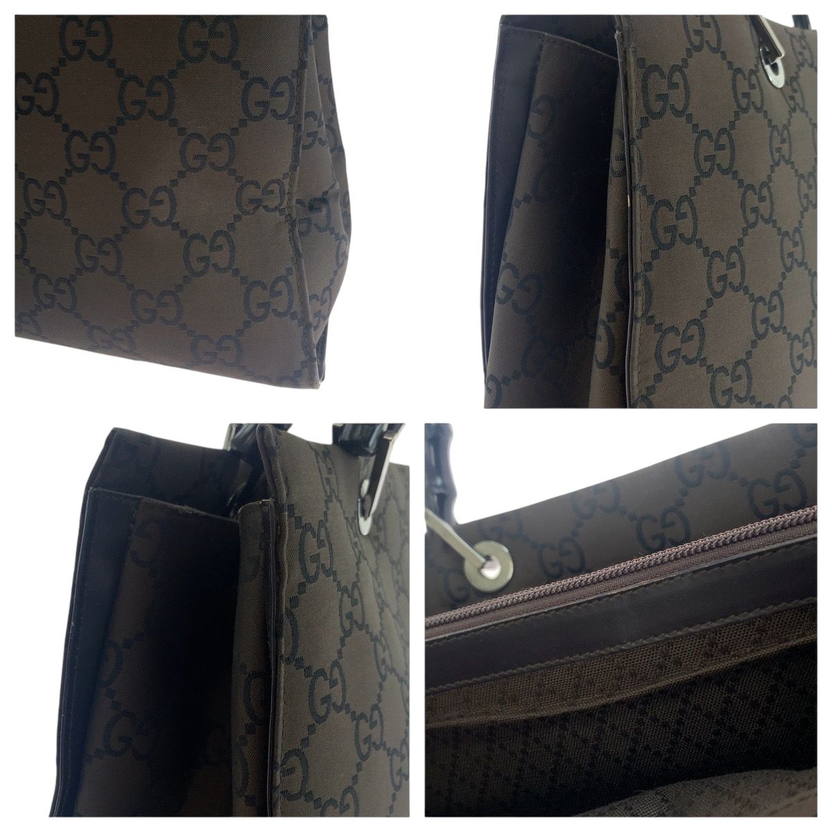 美品 GUCCI グッチ バンブー ブラウン ブラック シルバー金具 ナイロン 