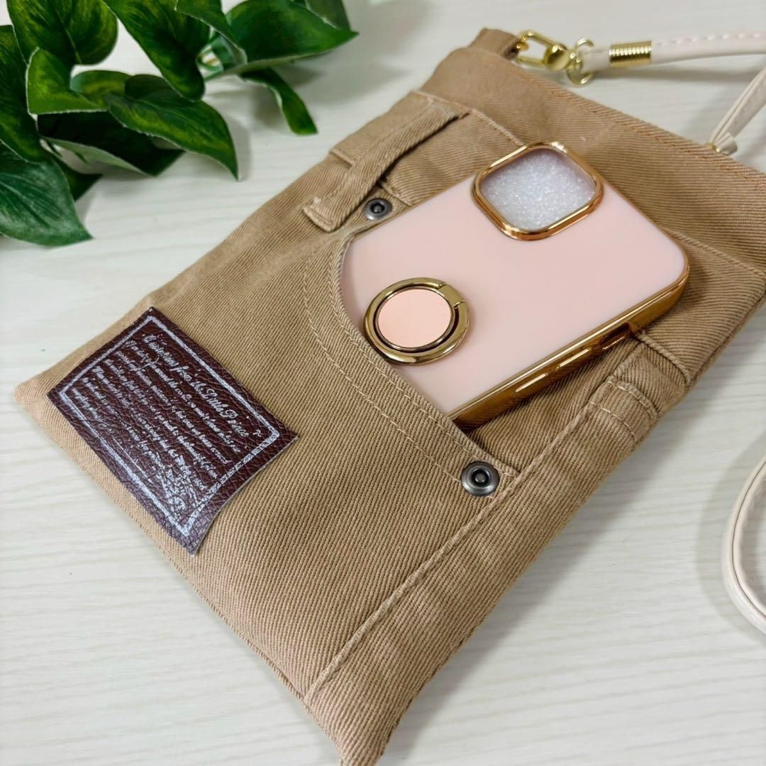 デニムリメイクサコッシュ ハンドメイド ベージュ ブラウン 茶