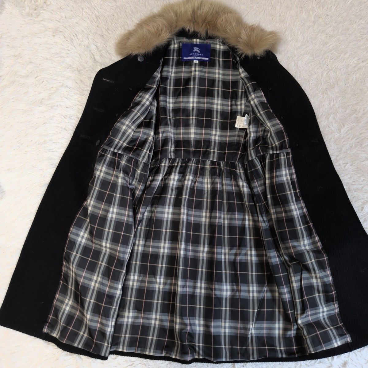 美品✨バーバリーブルーレーベル　ベルテッドコート　ロング　アンゴラ　チェック 人気✨バーバリーブルーレーベル BURBERRY BLUE LABEL アンゴラ混