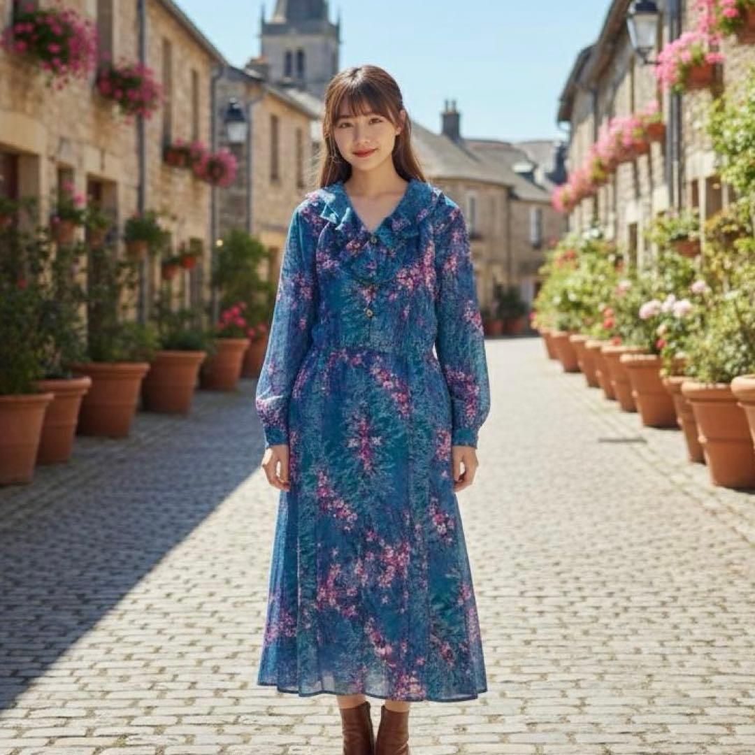 昭和レトロ花柄長袖ロングワンピースブルー パープル フリル襟フリーサイズ