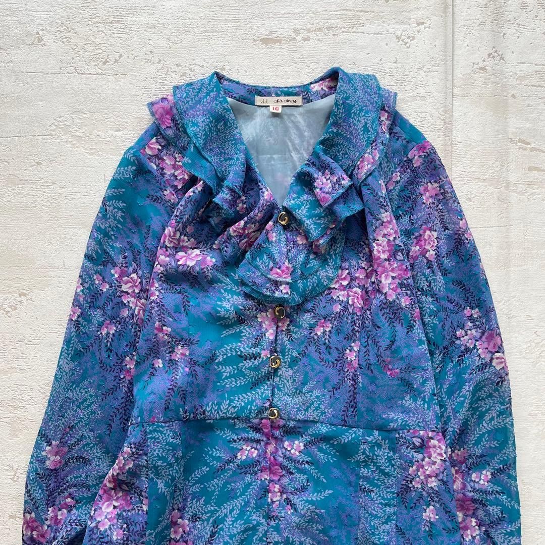 昭和レトロ花柄長袖ロングワンピースブルー パープル フリル襟フリーサイズ