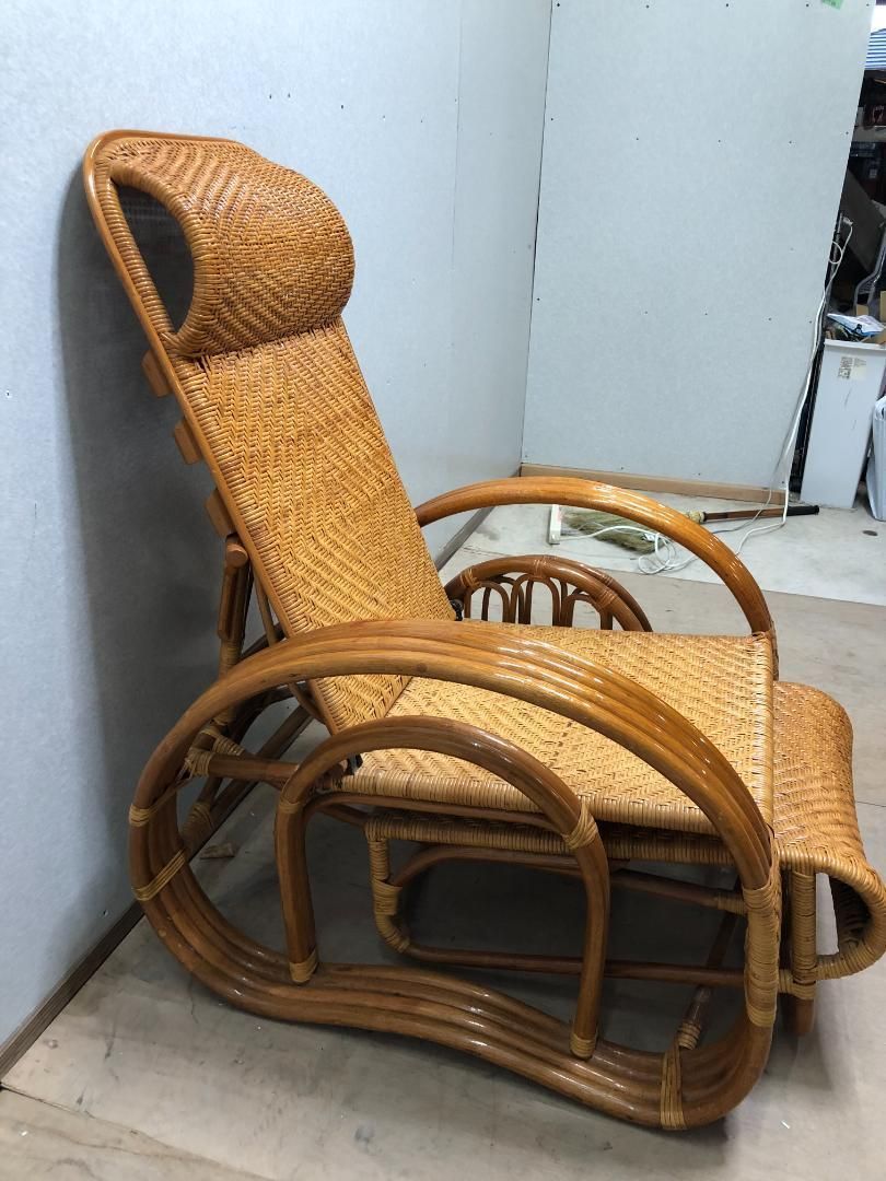 藤椅子 ラタン 3段階 リクライニングチェアー ブックスタンド 古道具