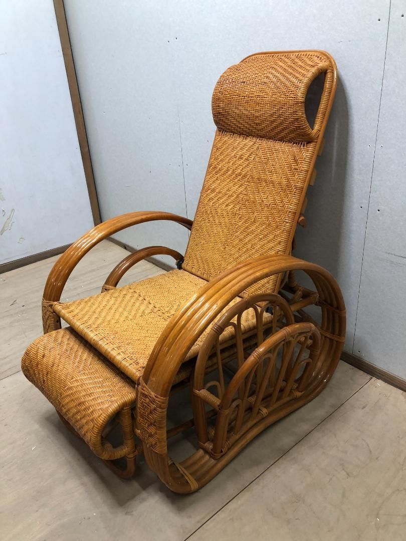 藤椅子 ラタン 3段階 リクライニングチェアー ブックスタンド 古道具