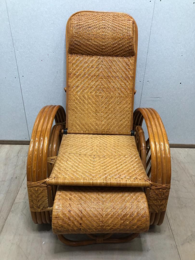 藤椅子 ラタン 3段階 リクライニングチェアー ブックスタンド 古道具