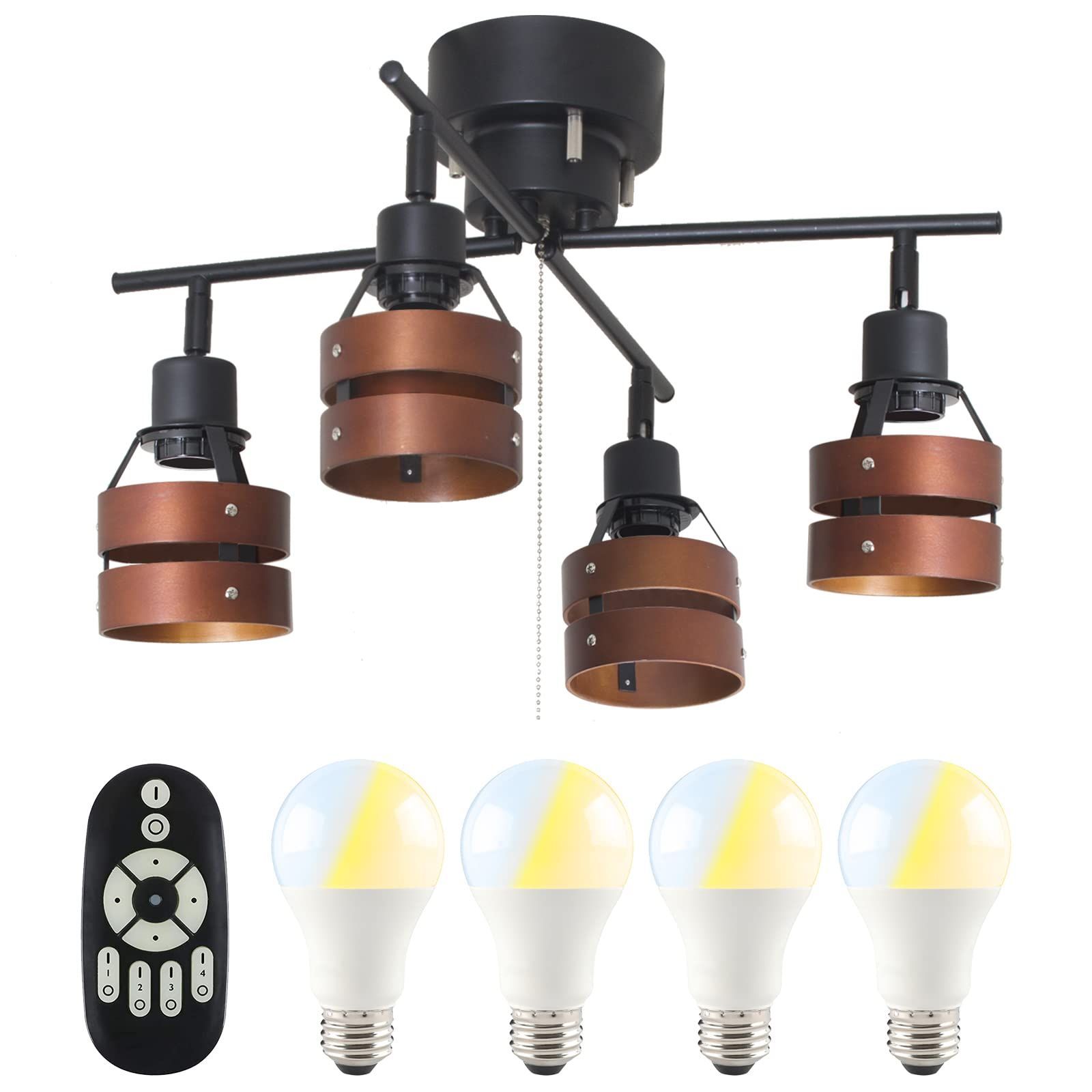 共同照明 シーリングライト 4灯 8畳 シーリングスポットライト 調光 調色 9 W LED電球 60 W形相当付き GT DJX 2 D WT 天井照明 リモコン対応 プルスイッチ 北欧 ウッドリング おしゃれ 天然木 ブラウン